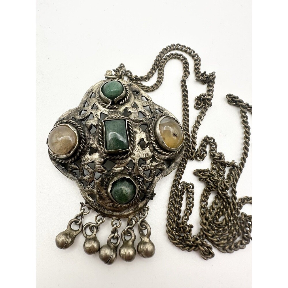 Vintage Boho Polished Agate Tribal Necklace Silver Tone 28”